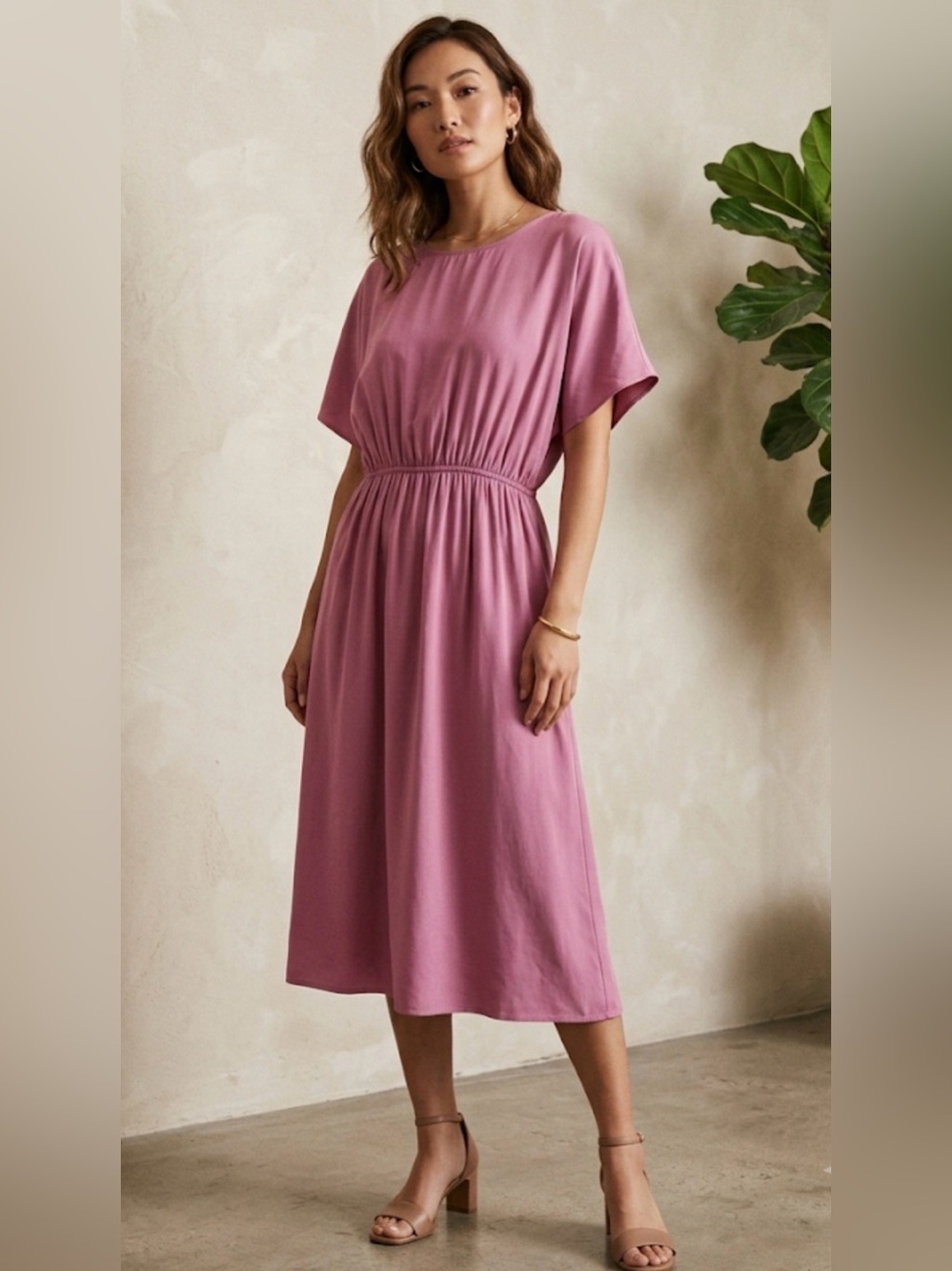 Womance Short Sleeves Elastic-Waist Midi Dress
